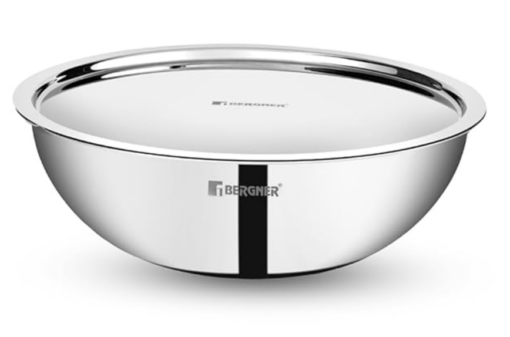 BERGNER Tripro TriPly Stainless Steel Cook and Serve 28cm Tasla/Tasra Kadai/Handleless Wok, 4.25 Litre Tasla, Flared Rim, Heavy Bottom, Induction Base and Gas Ready (5-Year Warranty